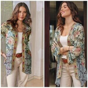 Soft Surroundings Womens Embroidered Floral Kimono Topper Size Small‎ Boho